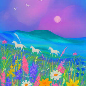 "Caballos en luna llena". Pintura digital. Tamaño a3. $15.000
