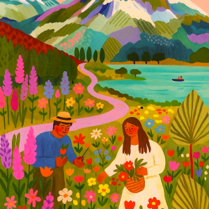 "Las flores y el volcán". Pintura digital. Tamaño a3. $15.000